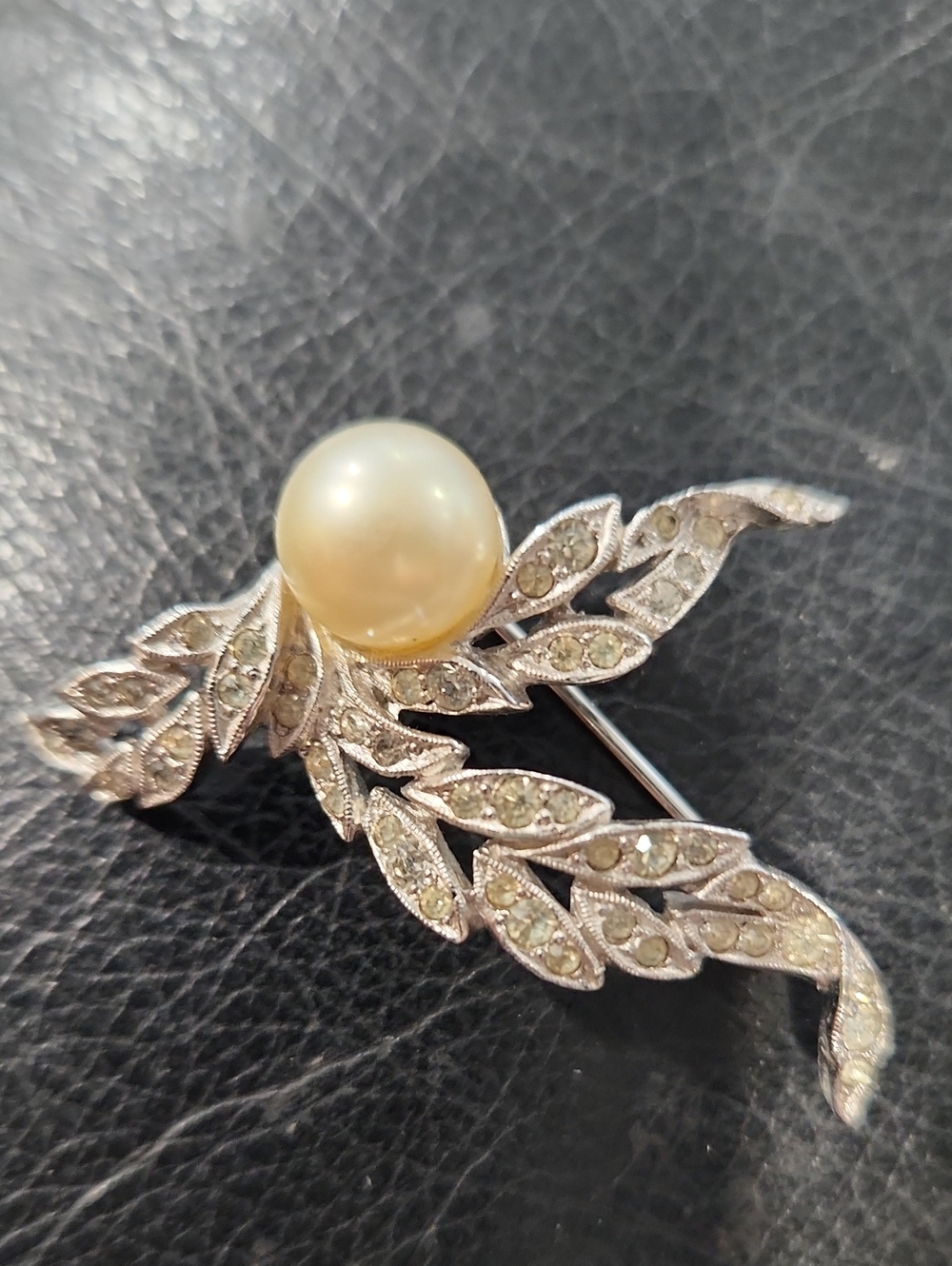 Vintage Pearl and Silver Leaf Brooch with Crystal Accents